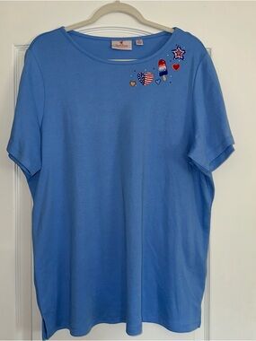 Quacker Factory Light Blue Tee with Embroidered Patriotic Heart & Popsicle Motif